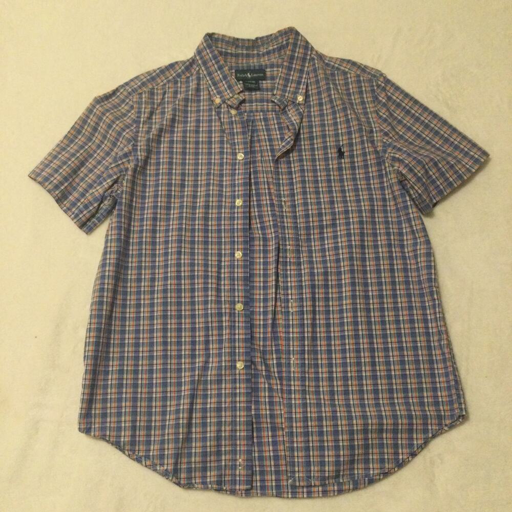 Ralph Lauren Plaid Shirt Boys L 14-16 Blue Orange Cotton Short Sleeve